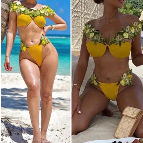 Andrea lyamah Mona Lemon Floral Embroidered Yellow Bikini Swim Set Size XL - Picture 4 of 13